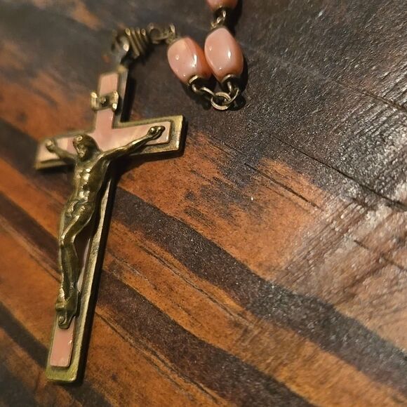 Vintage Pink Bronze Silver Tone Medals Color Rosary Necklace Faith Love Hope - Picture 11 of 16